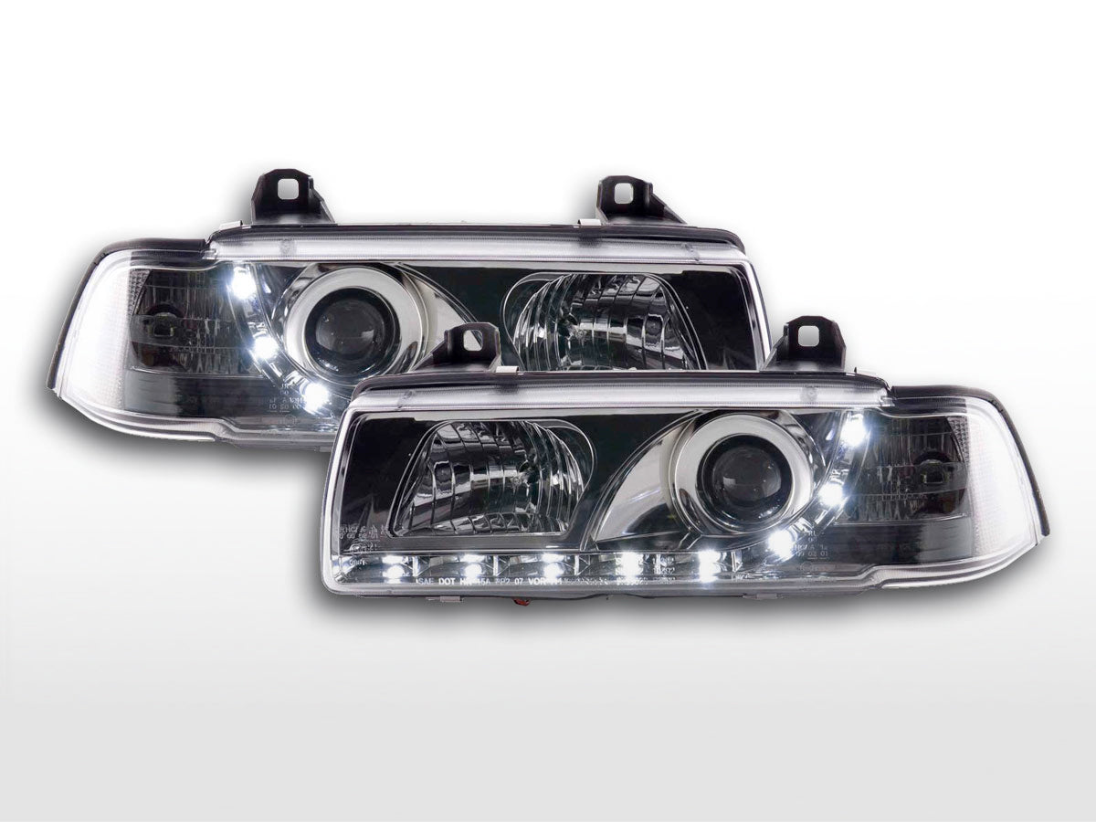 Scheinwerfer Set Daylight LED Tagfahrlicht BMW 3er E36 Limo/Touring chrom für Rechtslenker Scheinwerfer Set Daylight LED Tagfahrlicht BMW 3er E36 Limo/Touring chrom für Rechtslenker